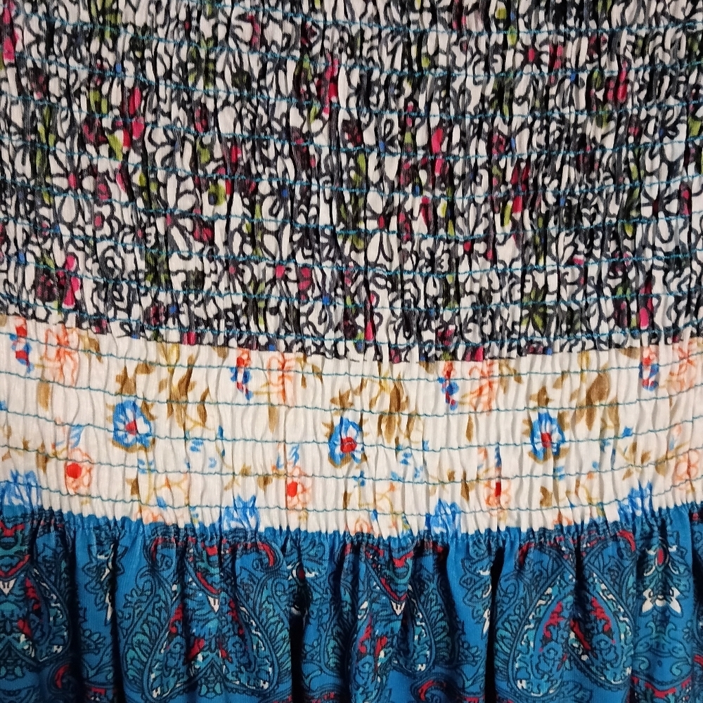 Bohemian Strapless Summer Beach Mini Dress Blue Floral Stretch A-Line Size M New - Picture 4 of 10